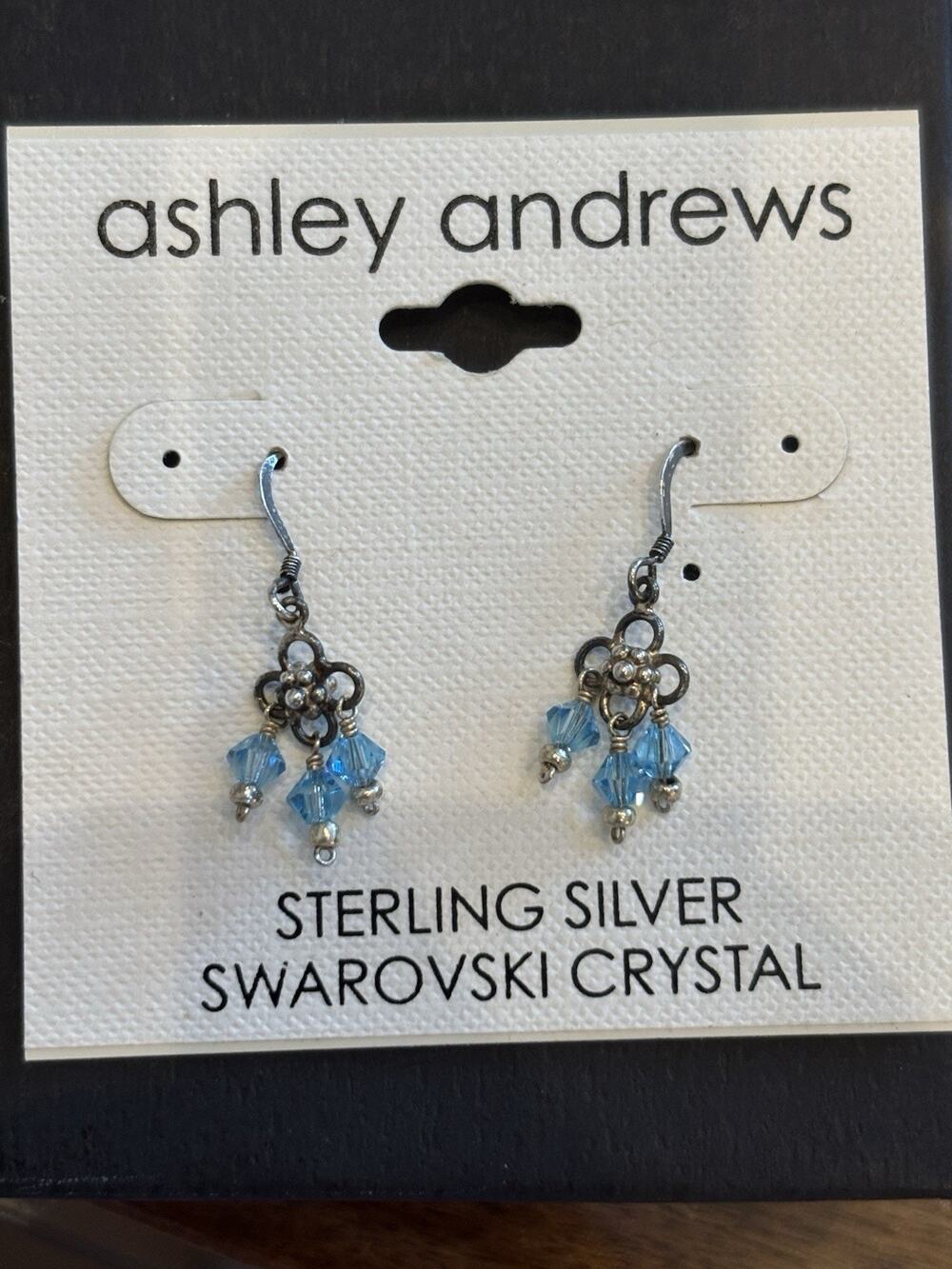 NWT Ashley Andrews Blue Crystal Swarovski Dangle Earrings 925 Sterling Silver